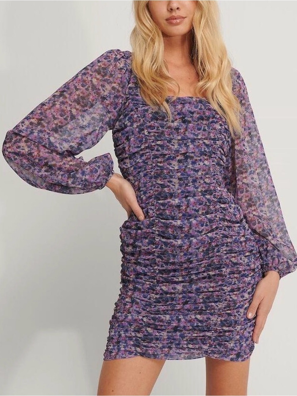 Purple Floral Ruched Mini Dress with Sheer Long Sleeves